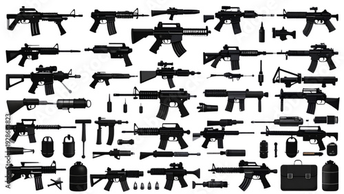 Military Weapon Silhouette Vector Set with Assault Rifles Handguns and Grenades