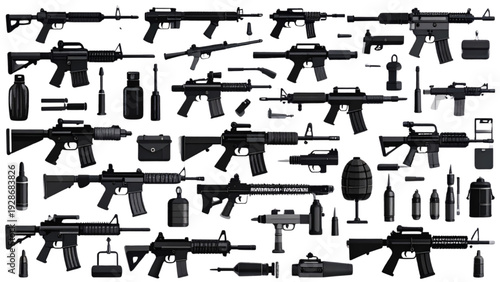 Military Weapon Silhouette Vector Set with Assault Rifles Handguns and Grenades