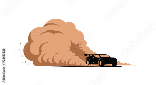 A black silhouette of a sports car speeds across a flat ground while kicking up a large billowing cloud of brown dust in a minimalist style.
