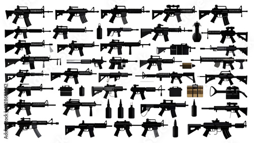 Military Weapon Silhouette Vector Set with Assault Rifles Handguns and Grenades