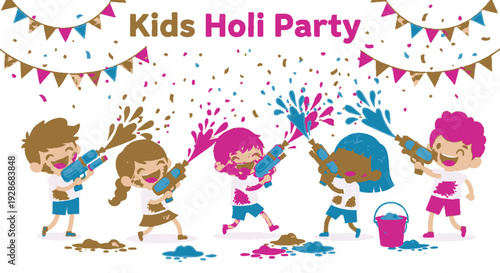 Children celebrating holi festival with colorful powder and water