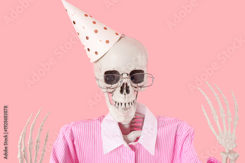 Human skeleton in party hat...