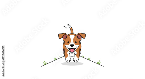A small brown and white puppy with its tongue out runs forward on a gray path lined with green grass tufts in a vector style.