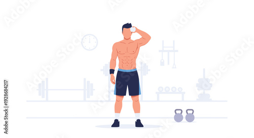 A shirtless muscular man stands in a gym setting while wiping his forehead with a white towel near weightlifting equipment and a wall clock.