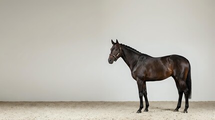 Dark brown horse standing in profile against neutral beige wall background, equestrian photography for commercial and editorial projects.
