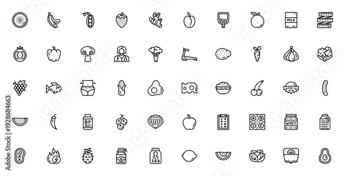 Nutrition icon set. Healthy food vector icons. Includes fruits, vegetables, proteins, vitamins, fitness tools and more like apple, banana, steak, treadmill and weight scale. Editable stroke.