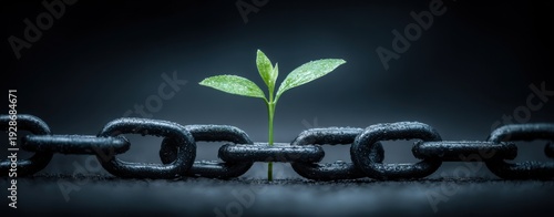 Small green seedling growing through heavy dark chain on dark surface, representing resilience, hope, growth and breaking through barriers