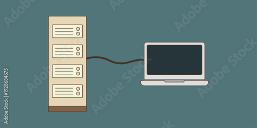 Server cabinet laptop illustration. Vintage beige server cabinet with toggle switches connected by fiber optic cables to modern minimalist laptop. Flat technology vector graphic.
