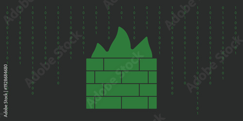 Firewall binary illustration. Vertical green binary digits falling in columns with centered modern firewall icon blocking the pattern. Flat minimalist high contrast vector graphic.