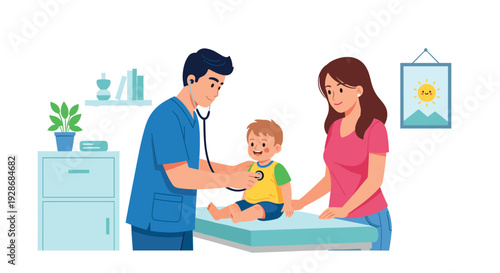 A male doctor in blue scrubs uses a stethoscope to check a toddler sitting on a teal examination table next to his mother in a room.