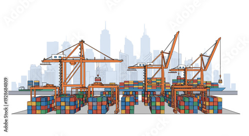 Orange gantry cranes move shipping containers in a large port area with a detailed city skyline and skyscrapers visible in the background.