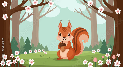 Adorable squirrel in forest with flowers and trees