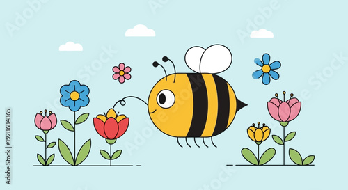 Cute bee flying among colorful flowers in sunny garden