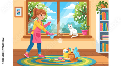 Little girl cleaning window with cat watching from sill