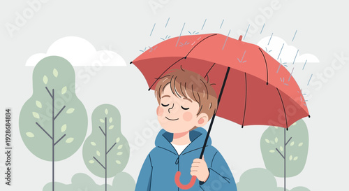 Happy child enjoying a rainy day with a red umbrella outdoors