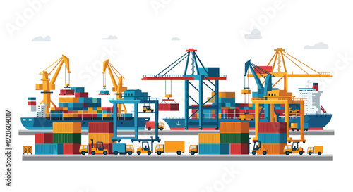 Large industrial cranes load colorful shipping containers onto cargo ships at a busy maritime port with various trucks and forklifts.