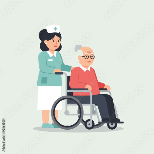 Nurse Pushing Elderly Man in Wheelchair, Caring for Senior Patient