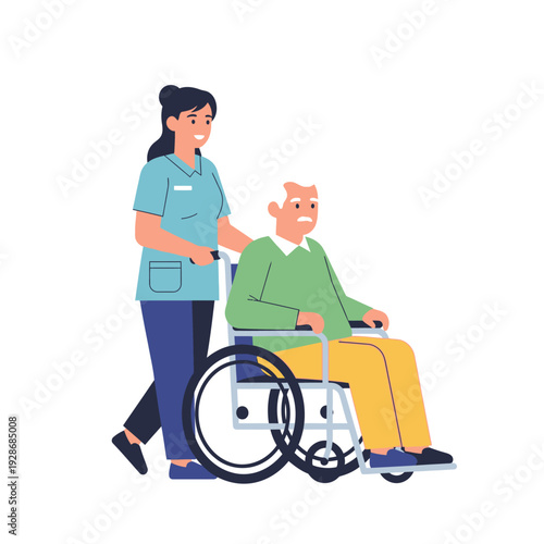 Nurse pushing elderly man in wheelchair, healthcare assistance and support concept