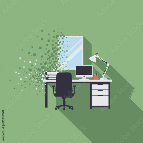 Office desk dissolving into pixels, digital transformation concept