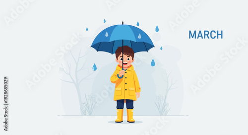 Happy child enjoying spring rain with colorful umbrella and raincoat