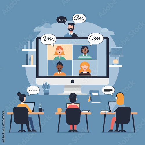 Remote team meeting online via video conference call on computer screen