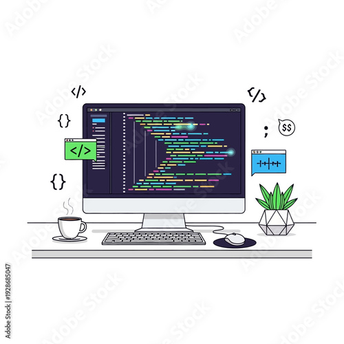 Programmer's desk with computer displaying code, coffee, plant, and coding symbols