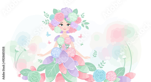 Whimsical floral fairy in colorful garden with butterflies