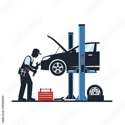 Mechanic Working on Car Lift with Tools and Toolbox