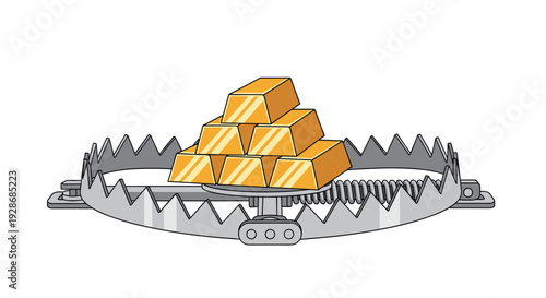 A pyramid of six gold bars is placed as bait in the center of an open grey metal animal trap with sharp jagged teeth.