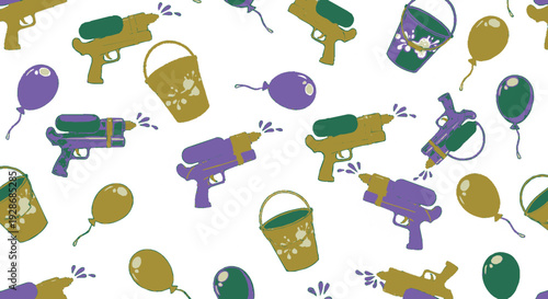 Colorful mardi gras water gun and bucket pattern with balloons on white background