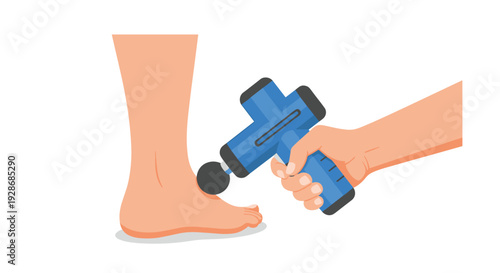 A hand holds a blue percussion massage gun and applies the black attachment to the heel of a human foot against a white background.