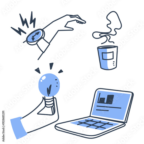 hand drawn doodle business related contain wristwatch, laptop, coffee and data collection