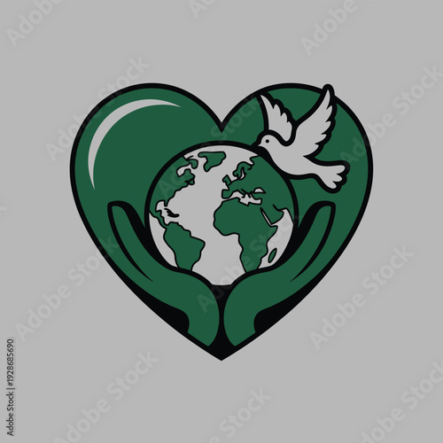 Hands cradle the Earth inside a heart, symbolizing global love and peace.