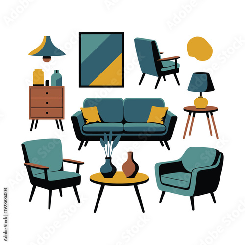 A collection of mid-century modern living room furniture and decor is displayed against a white background.