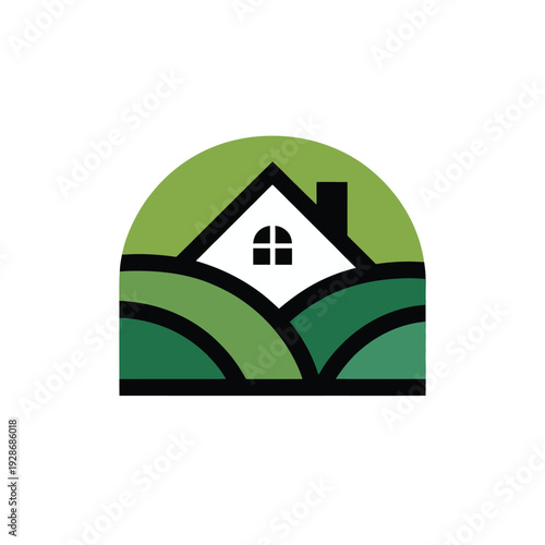 A stylized house sits atop rolling green hills under a green arch.