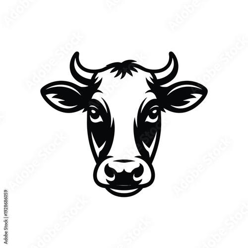 A stylized black and white illustration of a cow's head with prominent horns and wide eyes.