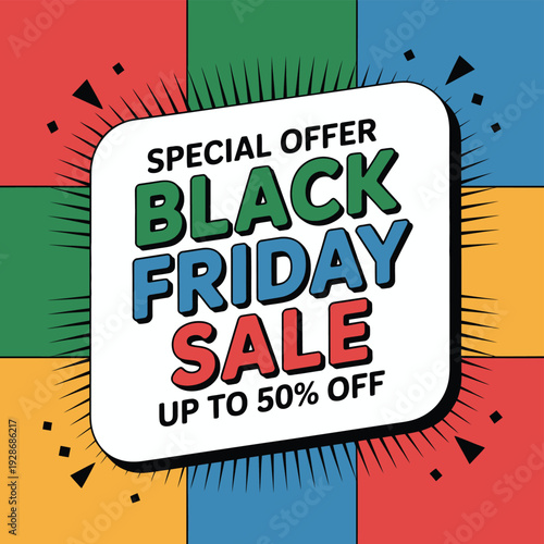 Special offer Black Friday sale up to 50% off on vibrant background.