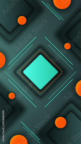 abstract geometric background with dark teal layered squares vibrant orange spheres and neon cyan 3d depth effect for modern tech wallpaper and corporate design
