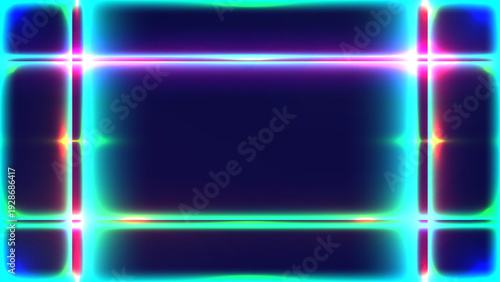 Neon frame background with glowing cyan and purple lines on dark grid for futuristic digital technology and cyberpunk aesthetic design