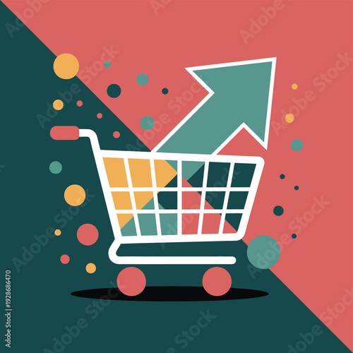 Shopping cart with an upward arrow signifying business growth and sales.