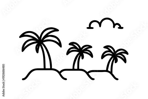 5 palm trees on the beach with a little cloud in the clear blue sky, minimalist style, vector.