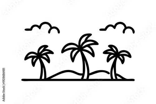 5 palm trees on the beach with a little cloud in the clear blue sky, minimalist style, vector.