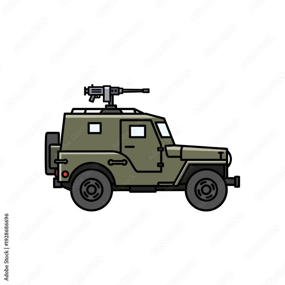 Obraz premium Military jeep with machine gun on top, armored vehicle, army transport, off-road vehicle, tactical transport