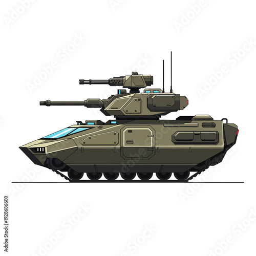 Modern Armored Fighting Vehicle with Cannon and Machine Gun, Military Tank Illustration