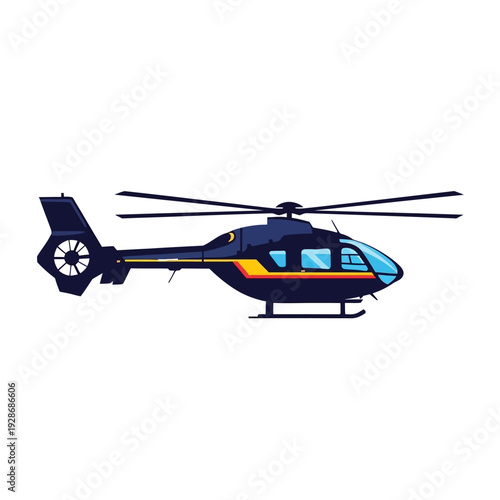 Modern dark blue helicopter with yellow and orange stripes, flying in the sky