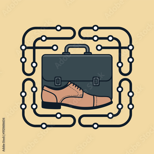 A briefcase and a dress shoe are enclosed by a circuit board pattern, symbolizing career advancement.