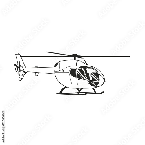 Modern Helicopter Outline Drawing, Side View, White Background, Aviation Transport