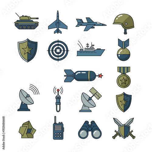 Military Icons Set: Tank, Jet, Ship, Bomb, Radar, Binoculars, Medals, Shield