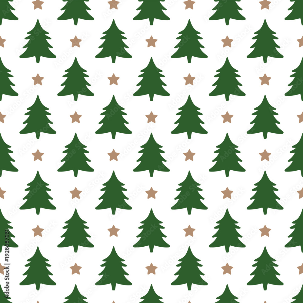 Obraz premium A festive pattern of green Christmas trees and gold stars repeats across a white background.