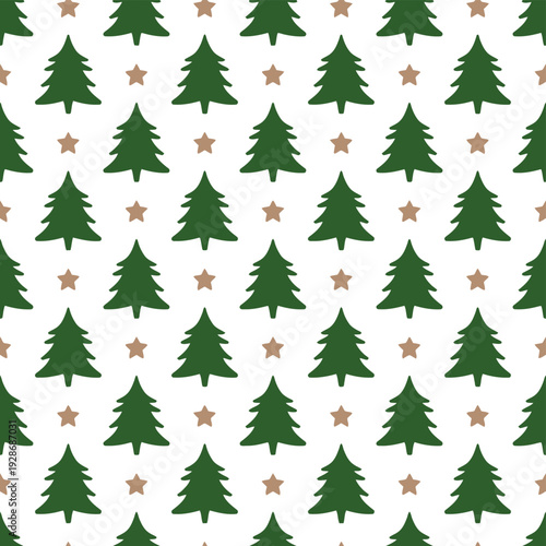 A festive pattern of green Christmas trees and gold stars repeats across a white background.
